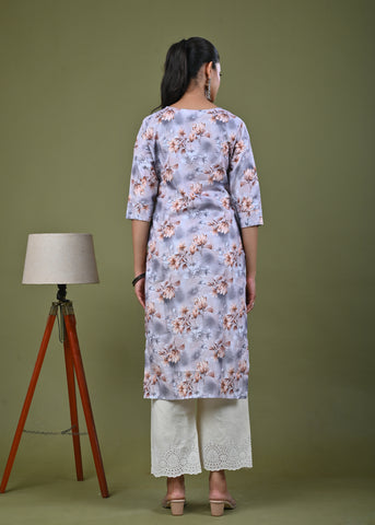 Floral Printed Printed Straight Fit Linen Kurta - Brown