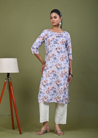 Floral Printed Printed Straight Fit Linen Kurta - Brown