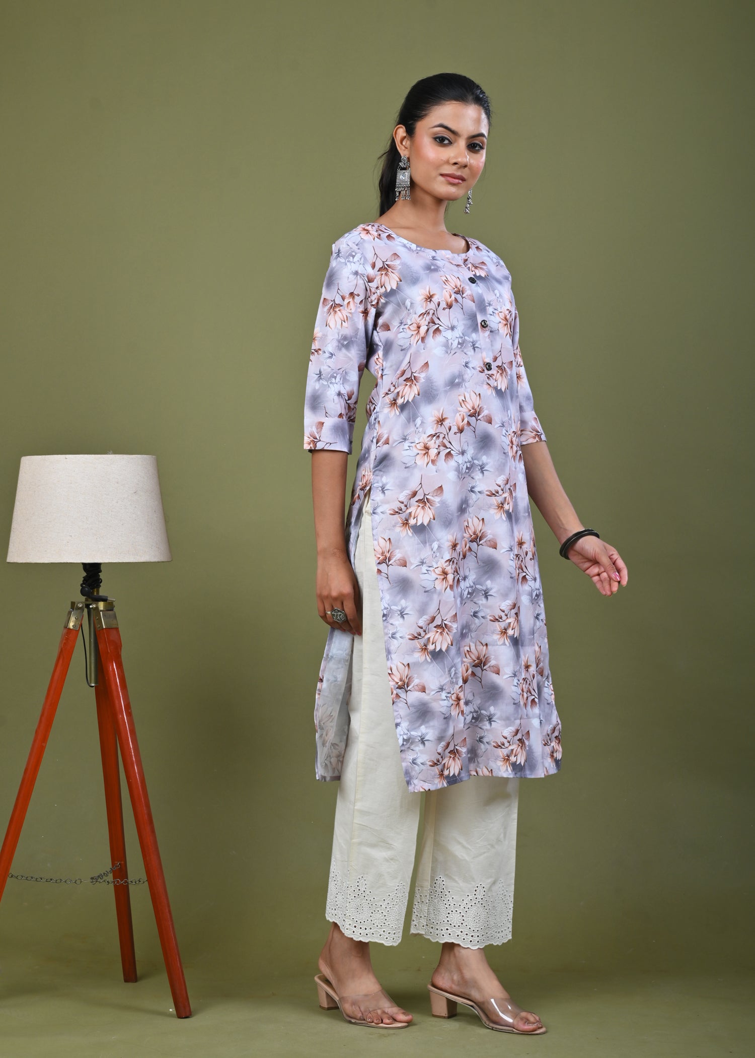Floral Printed Printed Straight Fit Linen Kurta - Brown