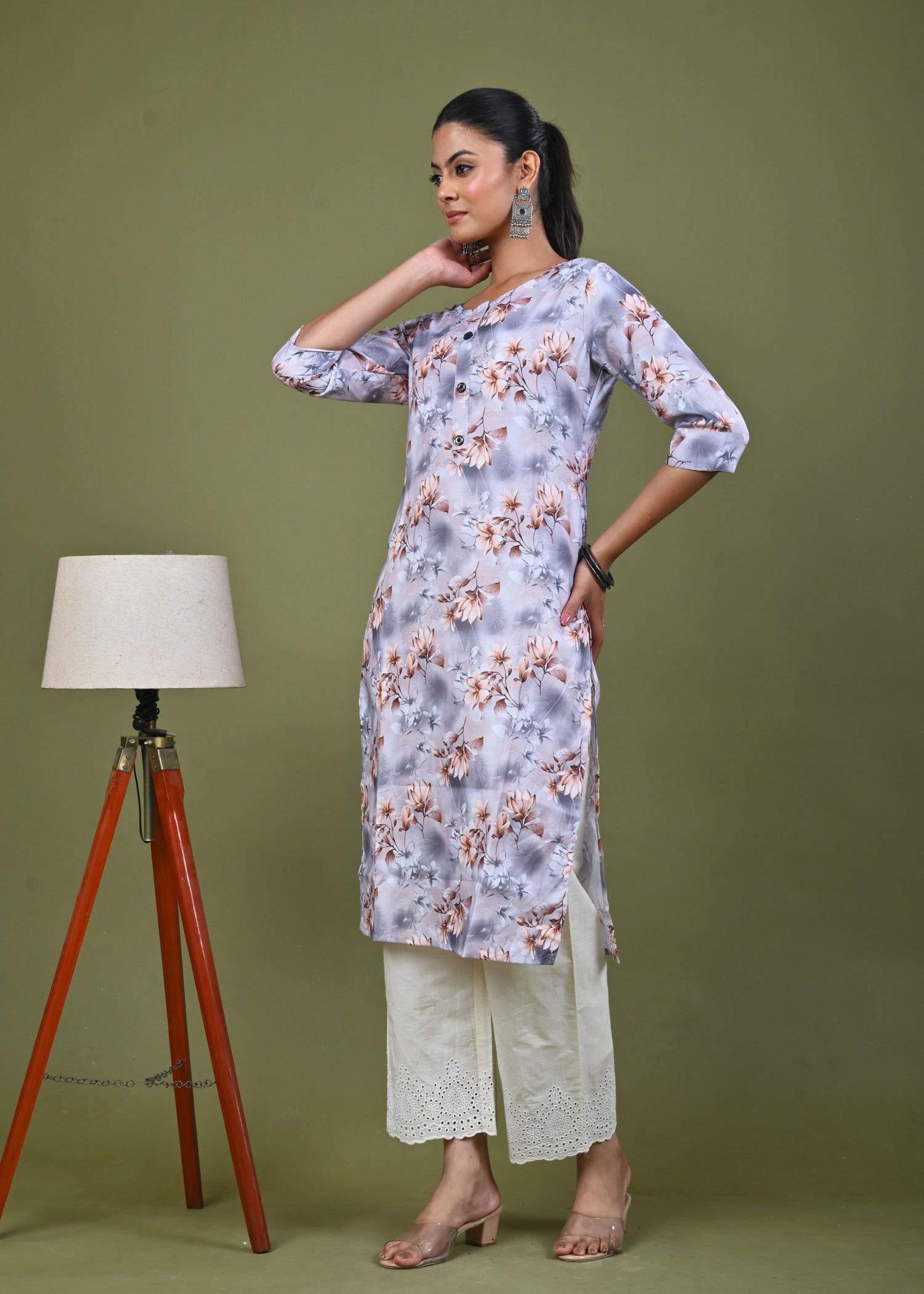 Floral Printed Printed Straight Fit Linen Kurta - Brown