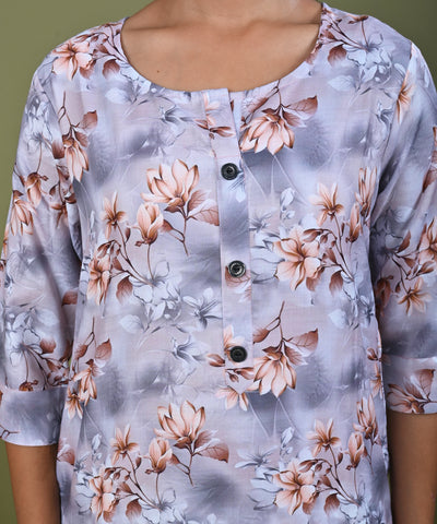 Floral Printed Printed Straight Fit Linen Kurta - Brown