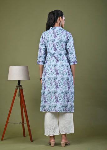 Abstract Floral Printed Printed Straight Fit Linen Kurta - Mint Green