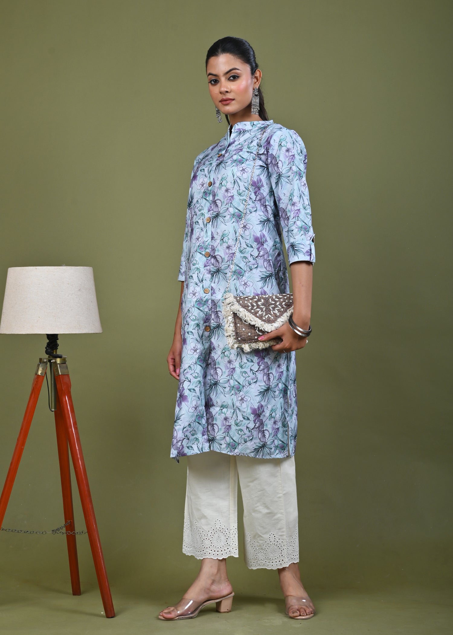 Abstract Floral Printed Printed Straight Fit Linen Kurta - Mint Green