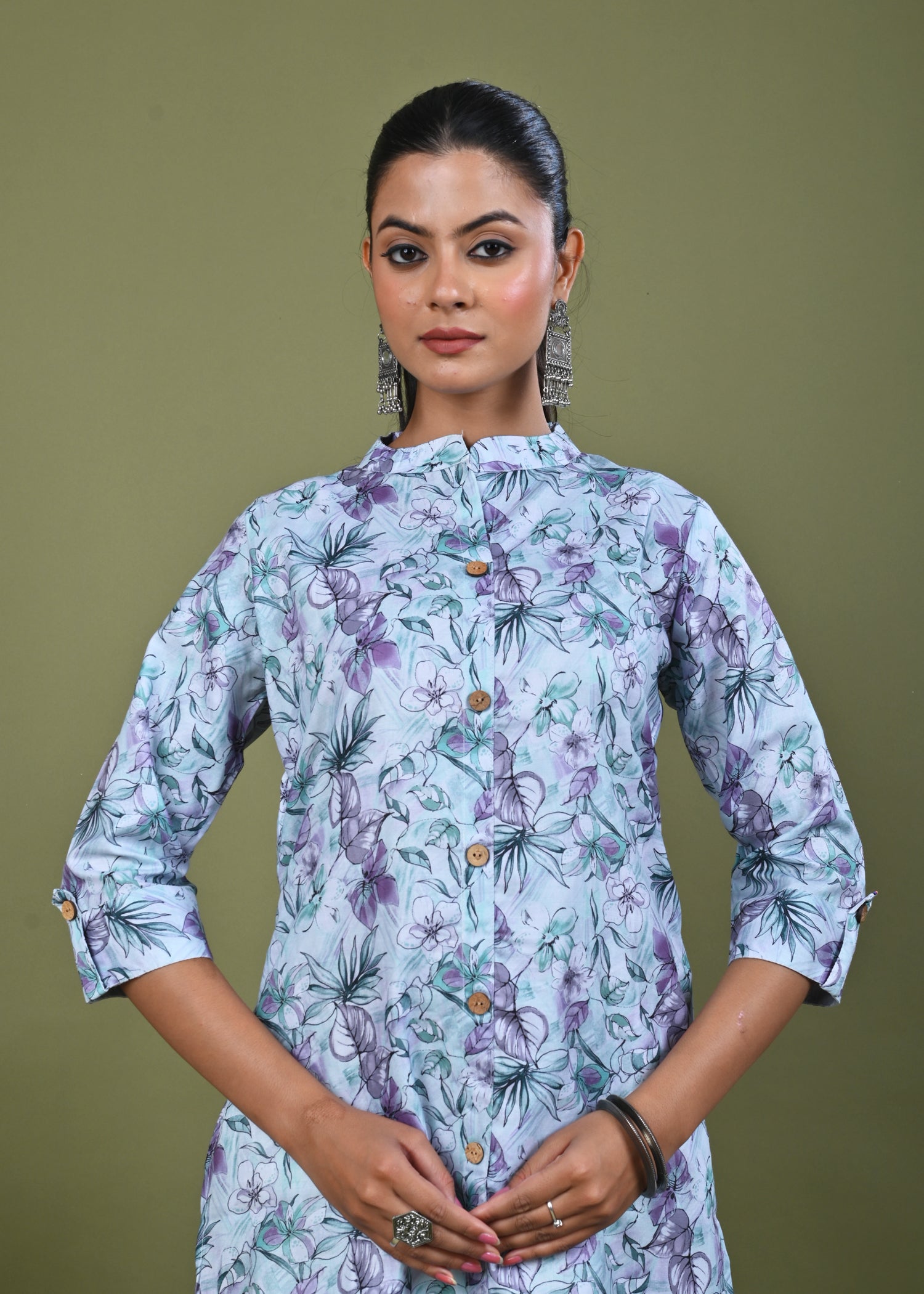 Abstract Floral Printed Printed Straight Fit Linen Kurta - Mint Green
