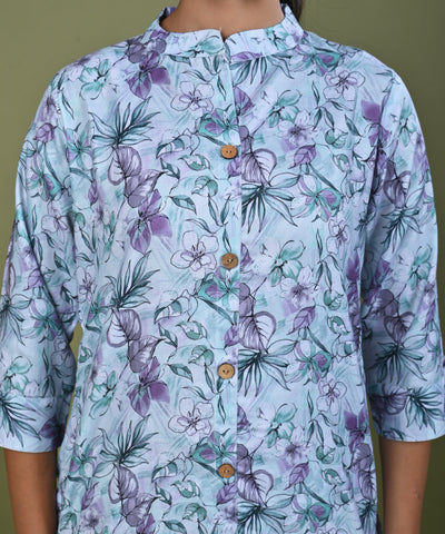 Abstract Floral Printed Printed Straight Fit Linen Kurta - Mint Green