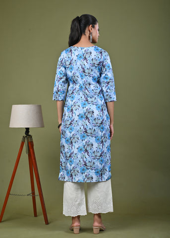 Abstract Floral Printed Printed Straight Fit Linen Kurta - Blue