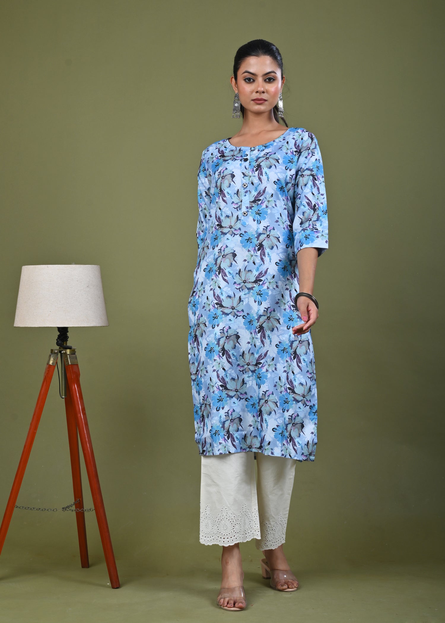 Abstract Floral Printed Printed Straight Fit Linen Kurta - Blue