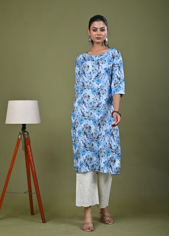 Abstract Floral Printed Printed Straight Fit Linen Kurta - Blue