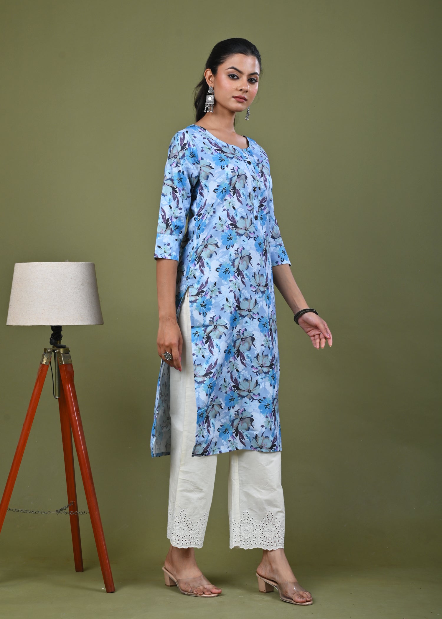 Abstract Floral Printed Printed Straight Fit Linen Kurta - Blue