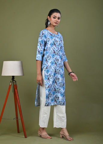 Abstract Floral Printed Printed Straight Fit Linen Kurta - Blue