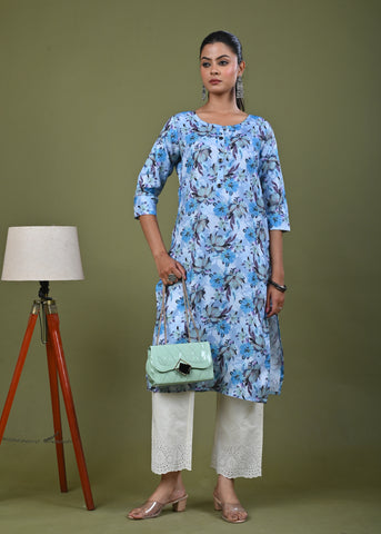 Abstract Floral Printed Printed Straight Fit Linen Kurta - Blue