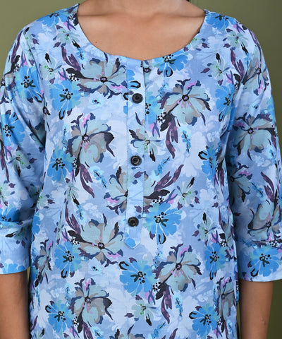Abstract Floral Printed Printed Straight Fit Linen Kurta - Blue