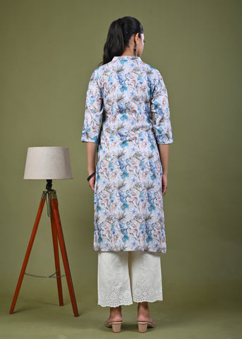 Abstract Floral Printed Printed Straight Fit Linen Kurta - Multi