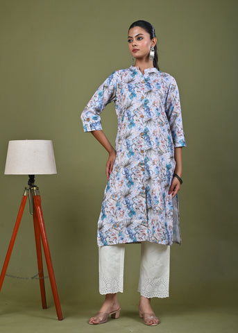 Abstract Floral Printed Printed Straight Fit Linen Kurta - Multi