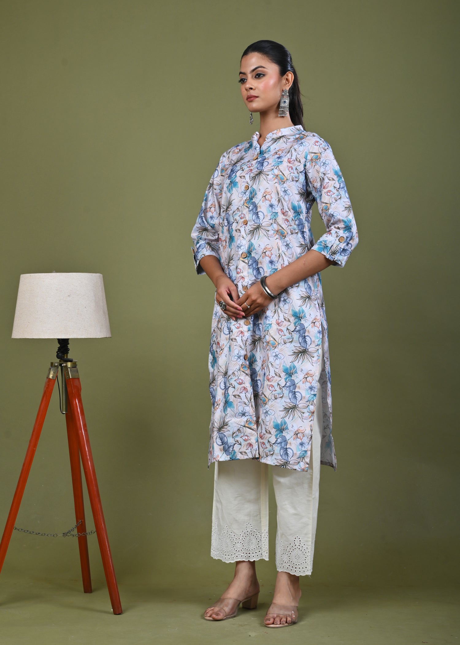 Abstract Floral Printed Printed Straight Fit Linen Kurta - Multi