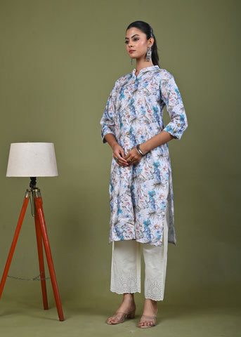 Abstract Floral Printed Printed Straight Fit Linen Kurta - Multi