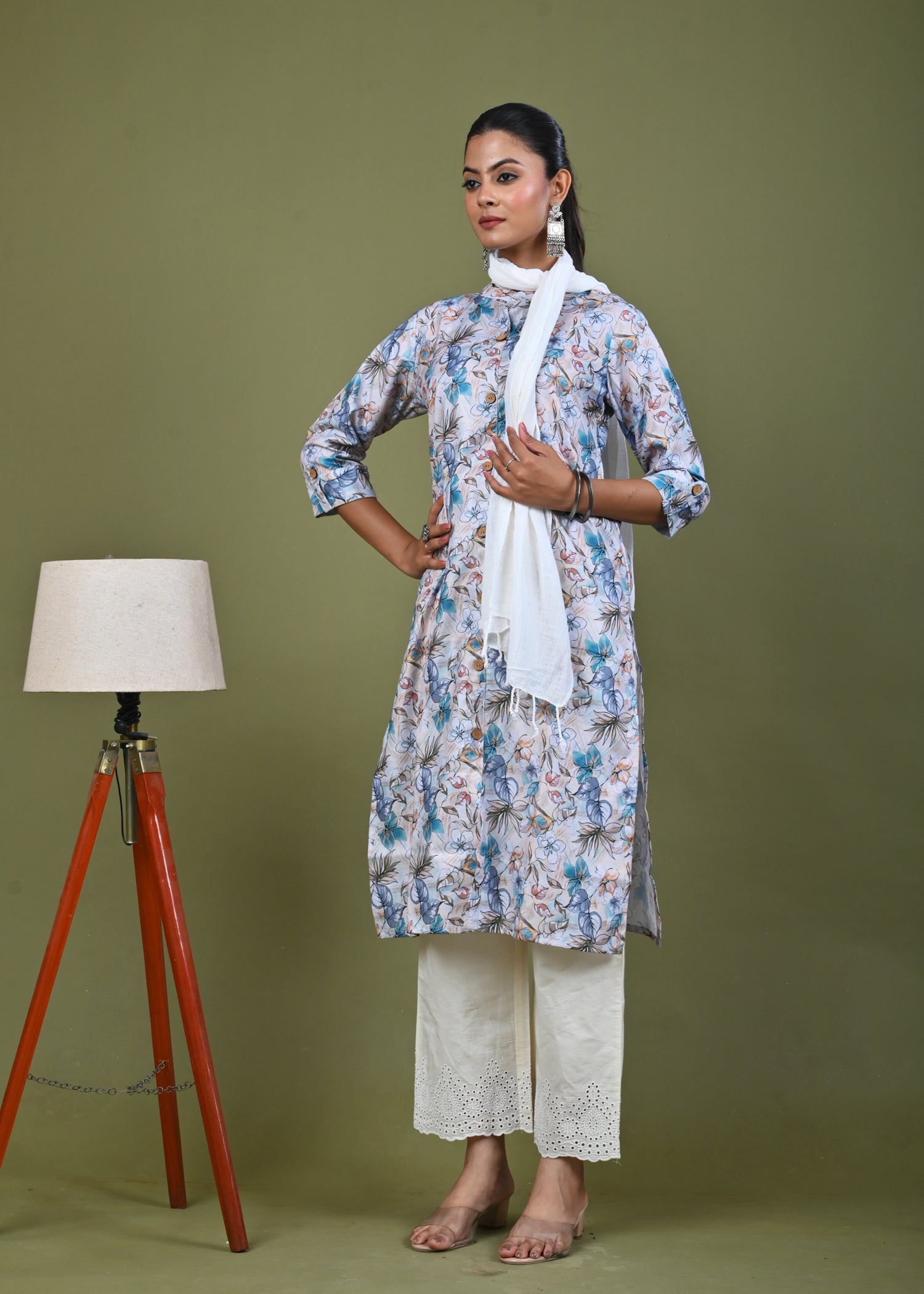 Abstract Floral Printed Printed Straight Fit Linen Kurta - Multi