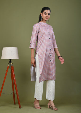Ethnic Stripes Printed Linen Straight Fit Kurta - Multi