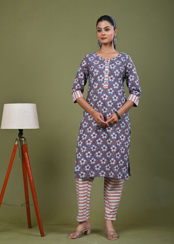 Ethnic & Stripes Printed Straight Fit Kurta with Pant - Grey