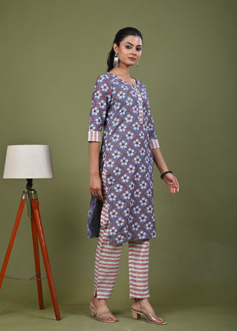 Ethnic & Stripes Printed Straight Fit Kurta with Pant - Grey