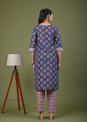 Ethnic & Stripes Printed Straight Fit Kurta with Pant - Blue