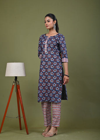 Ethnic & Stripes Printed Straight Fit Kurta with Pant - Blue