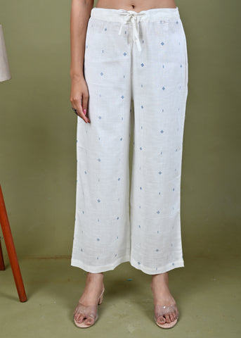 Ethnic Woven & Sequin Embroidred Cotton Slub Kurta with Pant - White