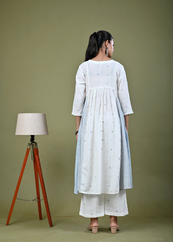 Ethnic Woven & Sequin Embroidred Cotton Slub Kurta with Pant - White