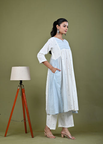 Ethnic Woven & Sequin Embroidred Cotton Slub Kurta with Pant - White