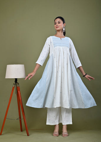 Ethnic Woven & Sequin Embroidred Cotton Slub Kurta with Pant - White