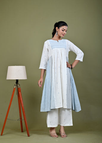 Ethnic Woven & Sequin Embroidred Cotton Slub Kurta with Pant - White