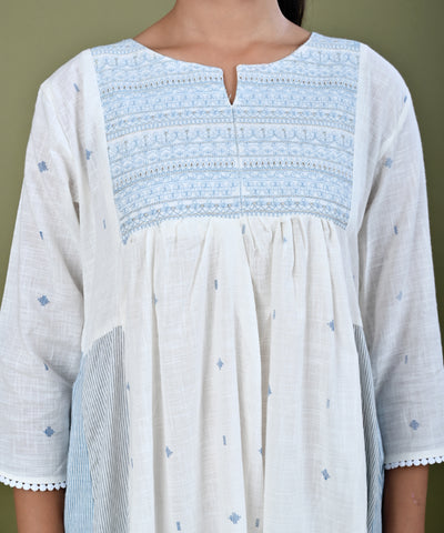 Ethnic Woven & Sequin Embroidred Cotton Slub Kurta with Pant - White