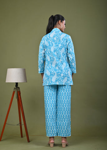 Floral Printed Printed Cotton Jacket Co-ord Set - Blue
