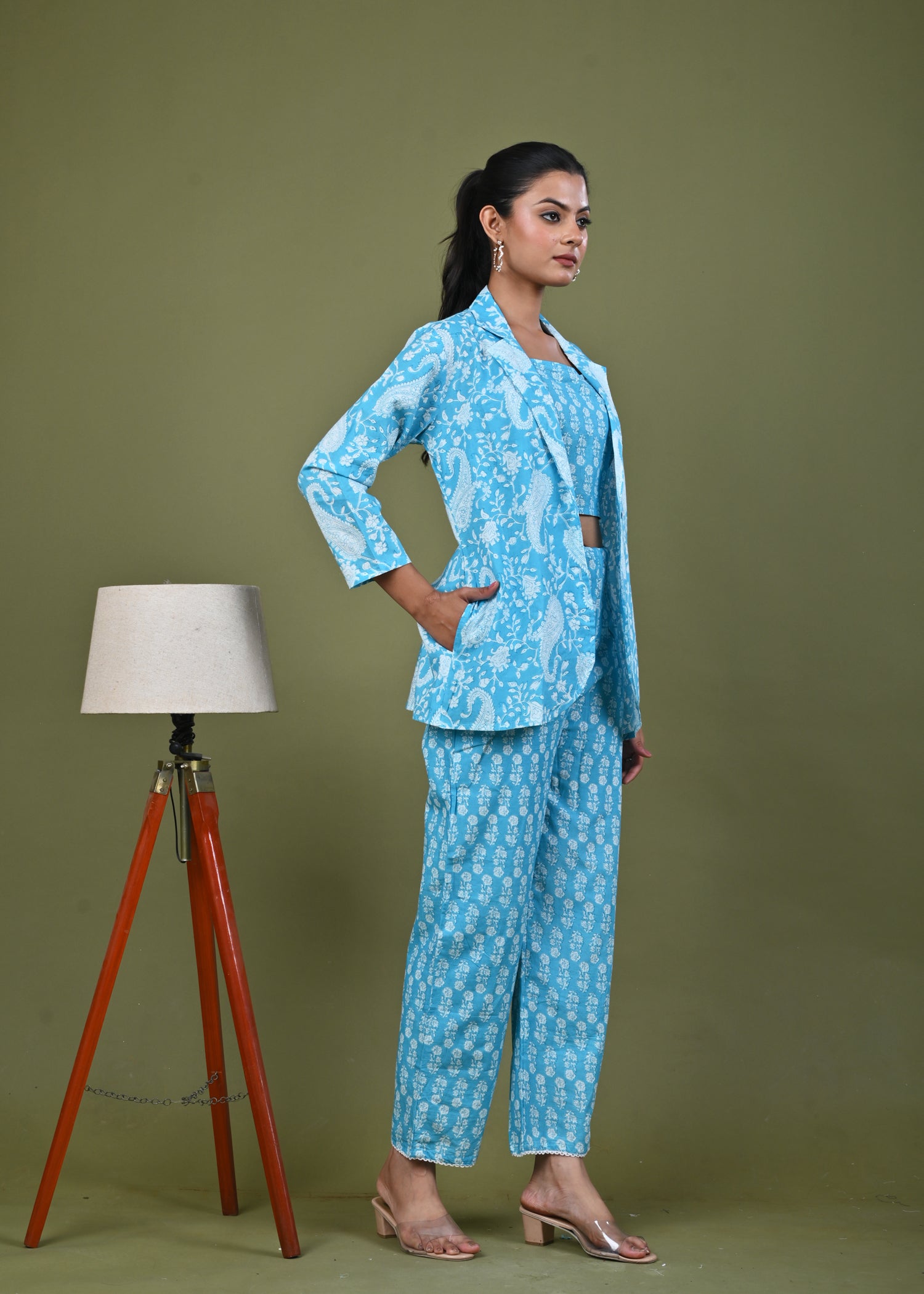Floral Printed Printed Cotton Jacket Co-ord Set - Blue