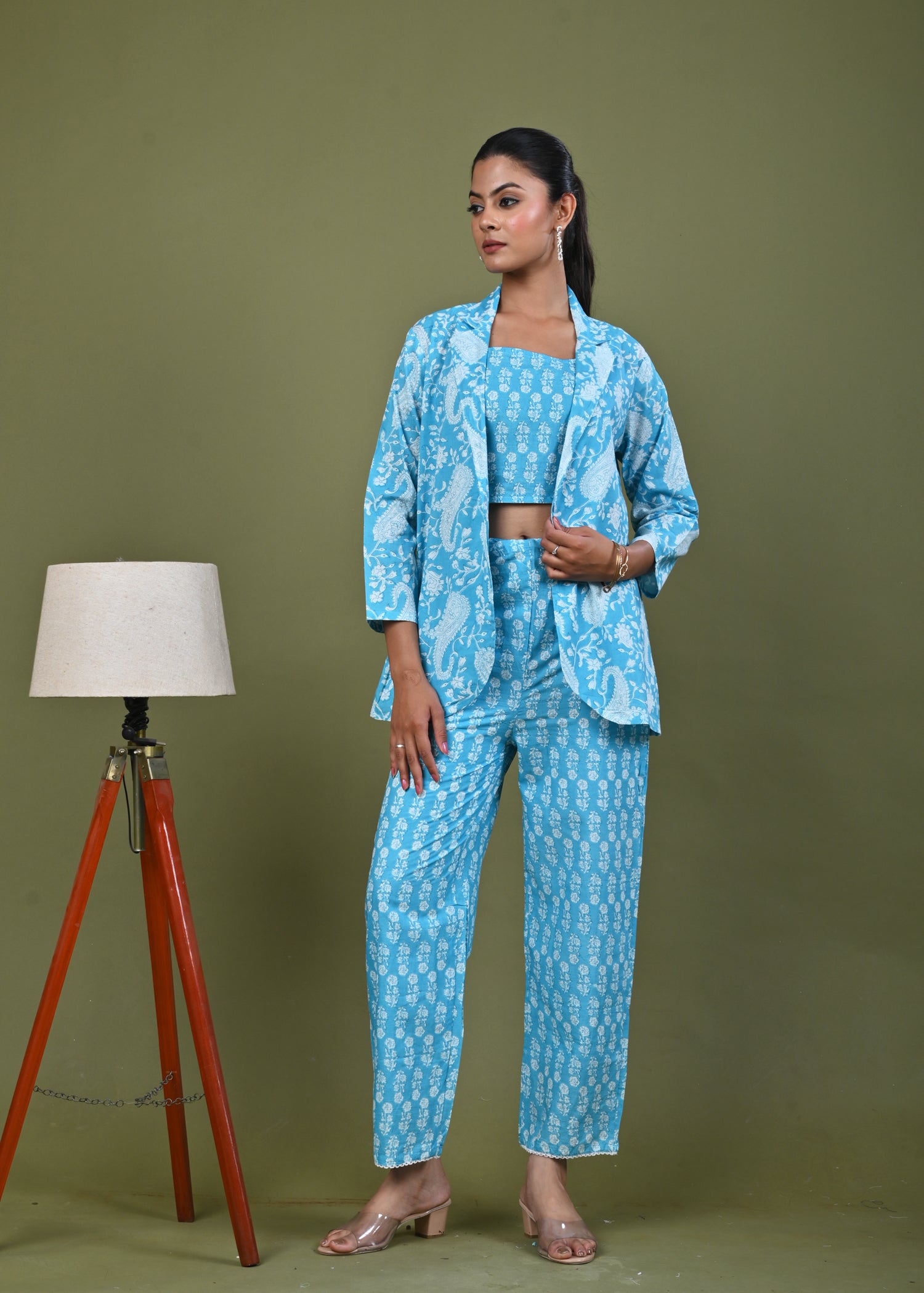 Floral Printed Printed Cotton Jacket Co-ord Set - Blue