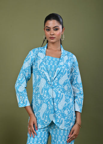 Floral Printed Printed Cotton Jacket Co-ord Set - Blue