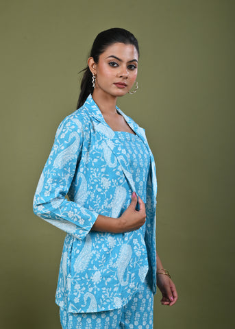 Floral Printed Printed Cotton Jacket Co-ord Set - Blue