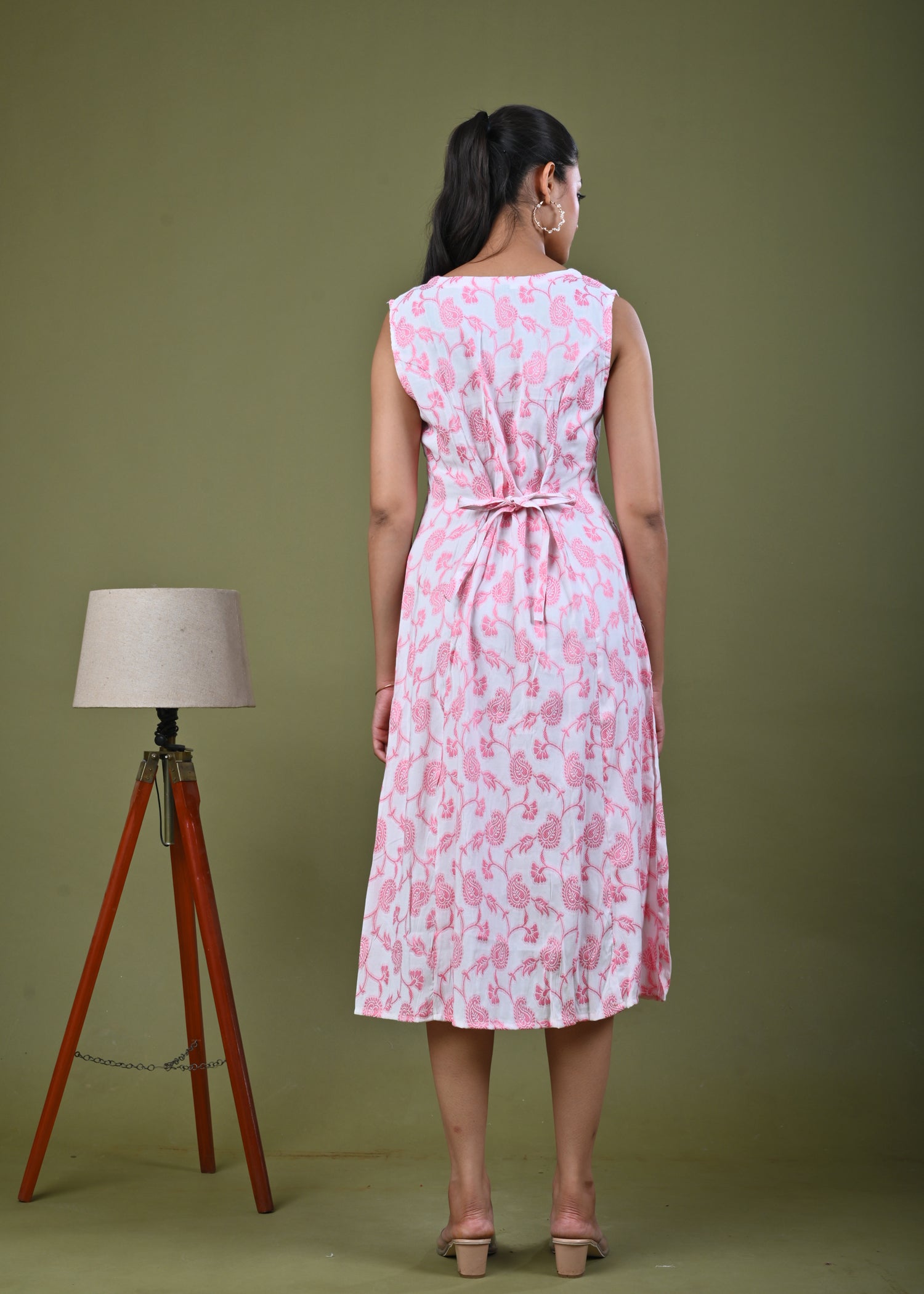 Paisley Woven A-Line Paneled Midi Dress - Pink