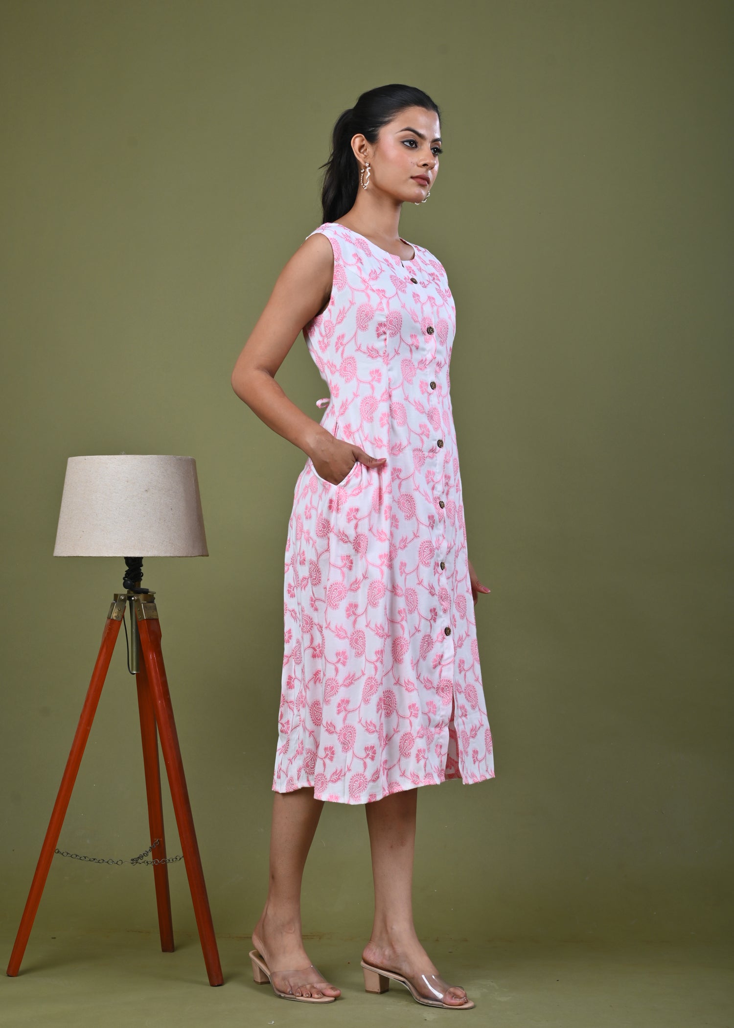 Paisley Woven A-Line Paneled Midi Dress - Pink
