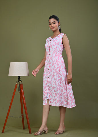 Paisley Woven A-Line Paneled Midi Dress - Pink