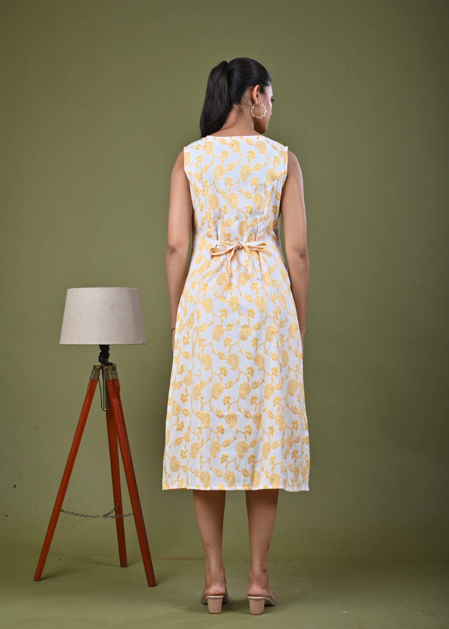 Paisley Woven A-Line Paneled Midi Dress - Yellow