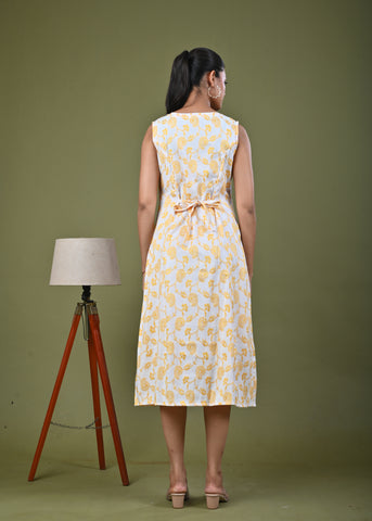 Paisley Woven A-Line Paneled Midi Dress - Yellow