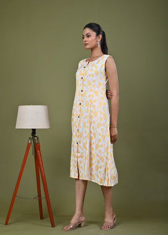 Paisley Woven A-Line Paneled Midi Dress - Yellow