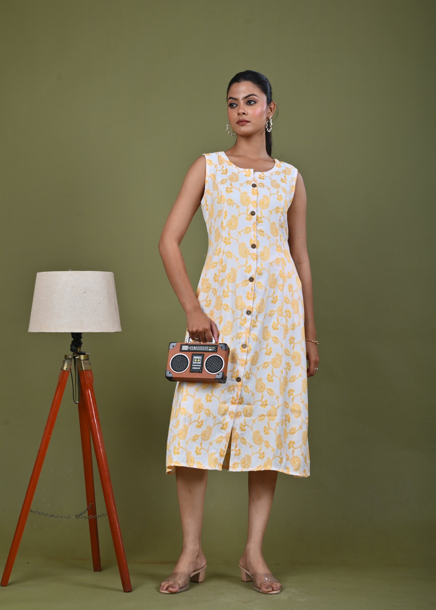 Paisley Woven A-Line Paneled Midi Dress - Yellow