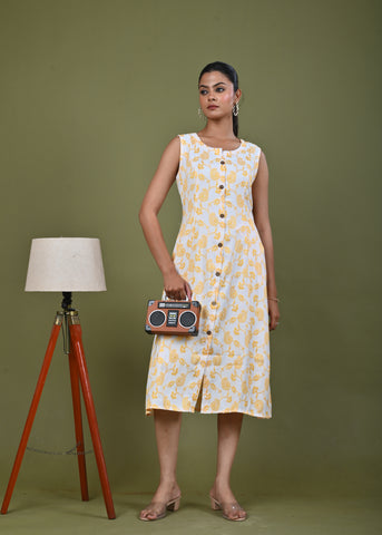 Paisley Woven A-Line Paneled Midi Dress - Yellow