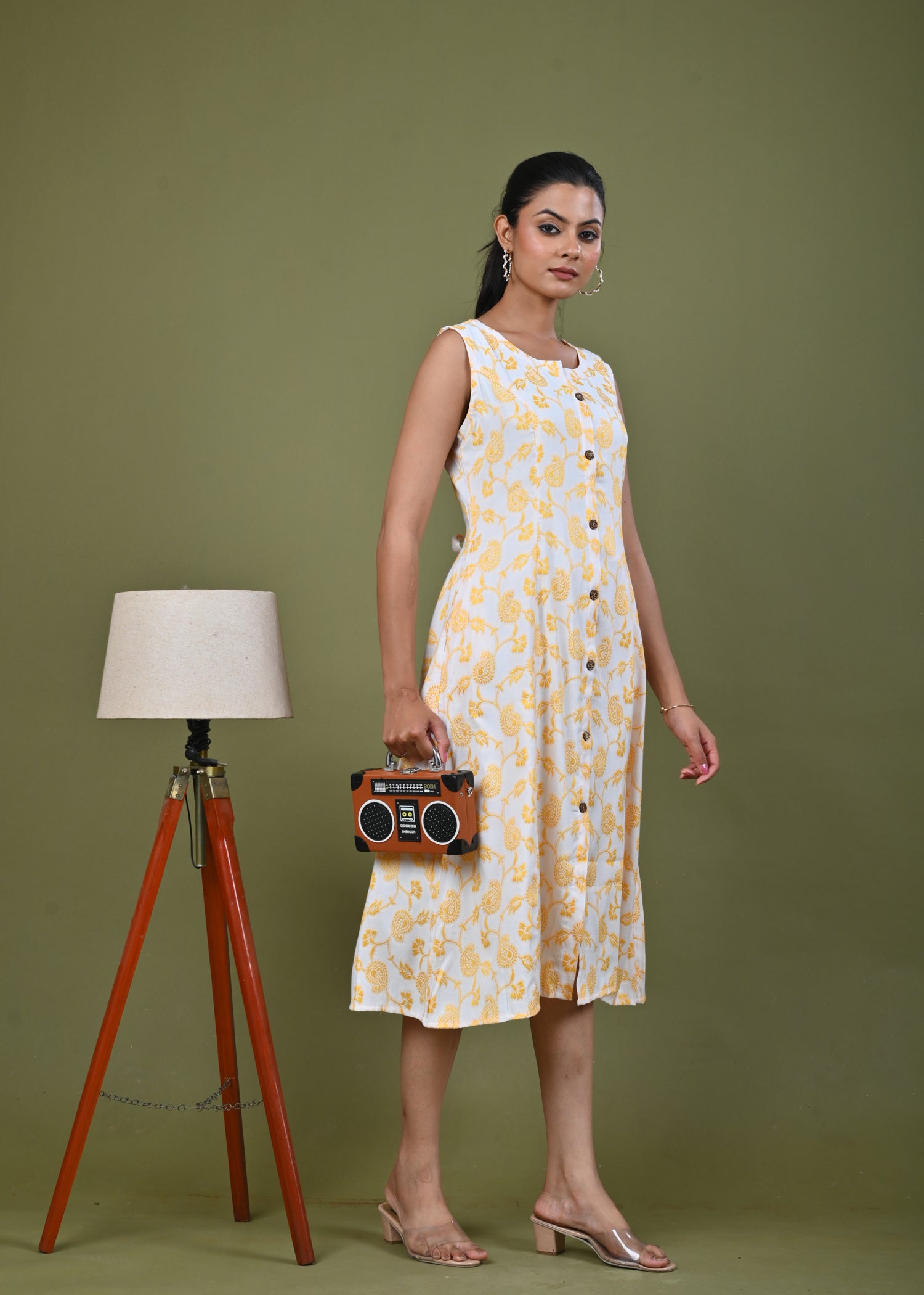 Paisley Woven A-Line Paneled Midi Dress - Yellow