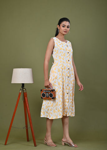 Paisley Woven A-Line Paneled Midi Dress - Yellow