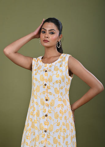 Paisley Woven A-Line Paneled Midi Dress - Yellow