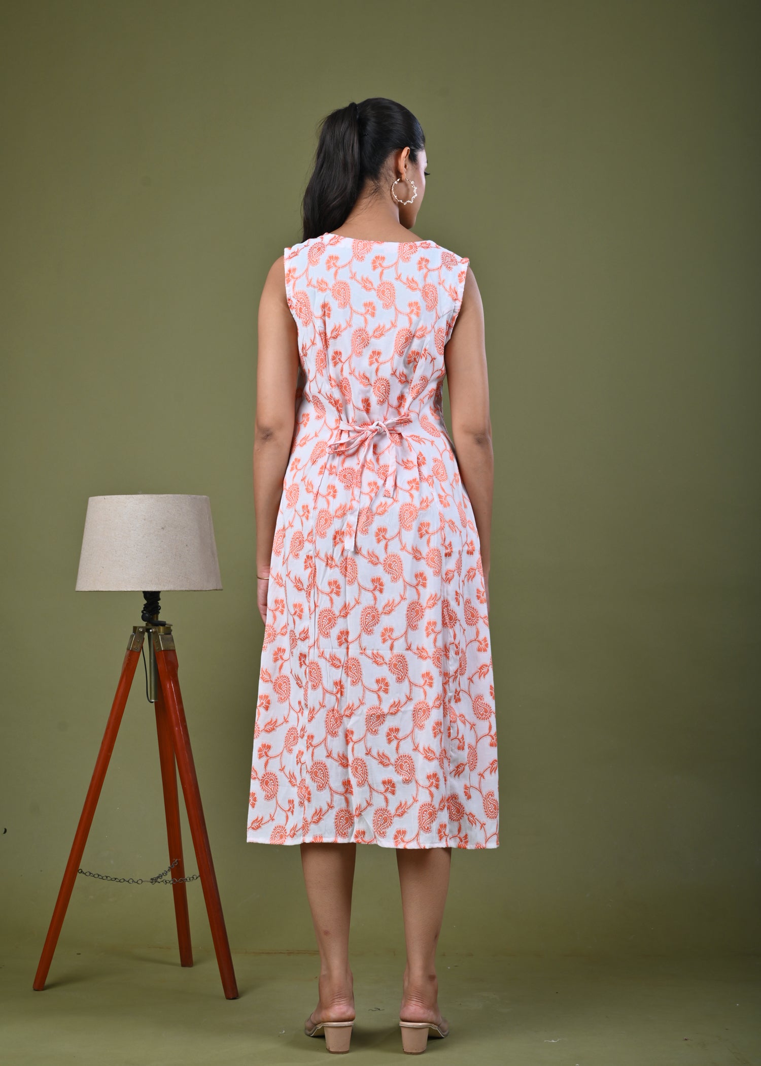 Paisley Woven A-Line Paneled Midi Dress - Orange