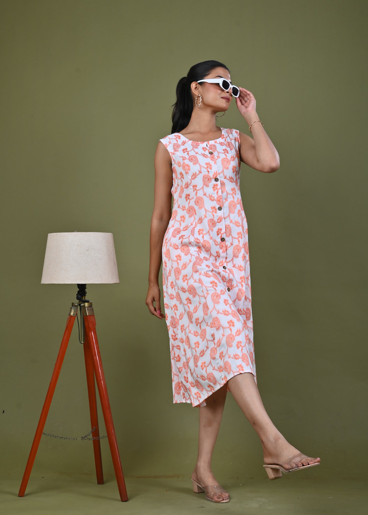 Paisley Woven A-Line Paneled Midi Dress - Orange